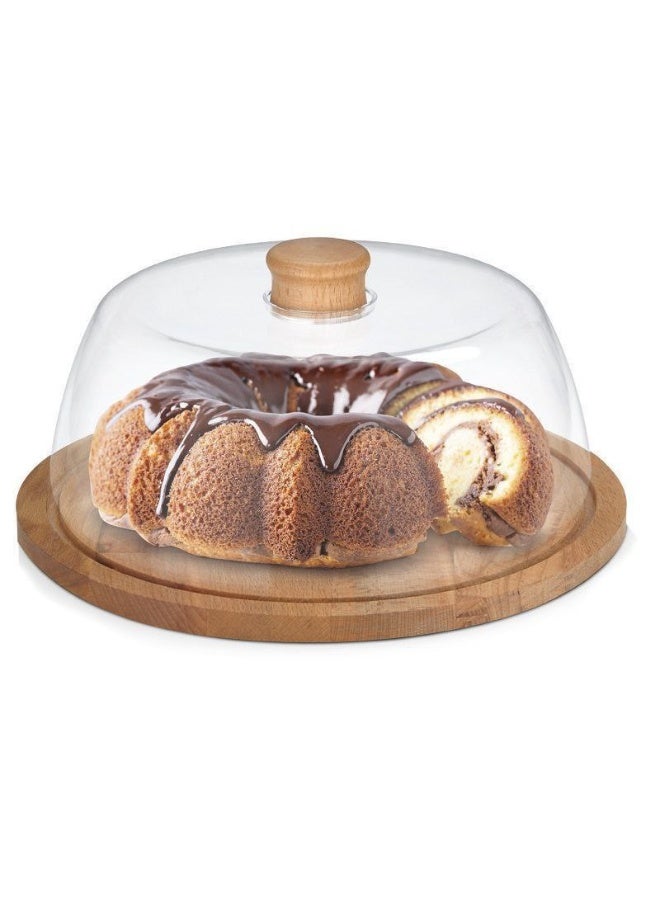 Cake stand with an acrylic lid and wooden handle, featuring a 2cm thick natural beechwood base. - Image 1